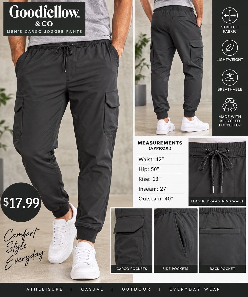 Goodfellow & Co Men’s XL Black Cargo Jogger Pants Stretch Drawstring Athletic
